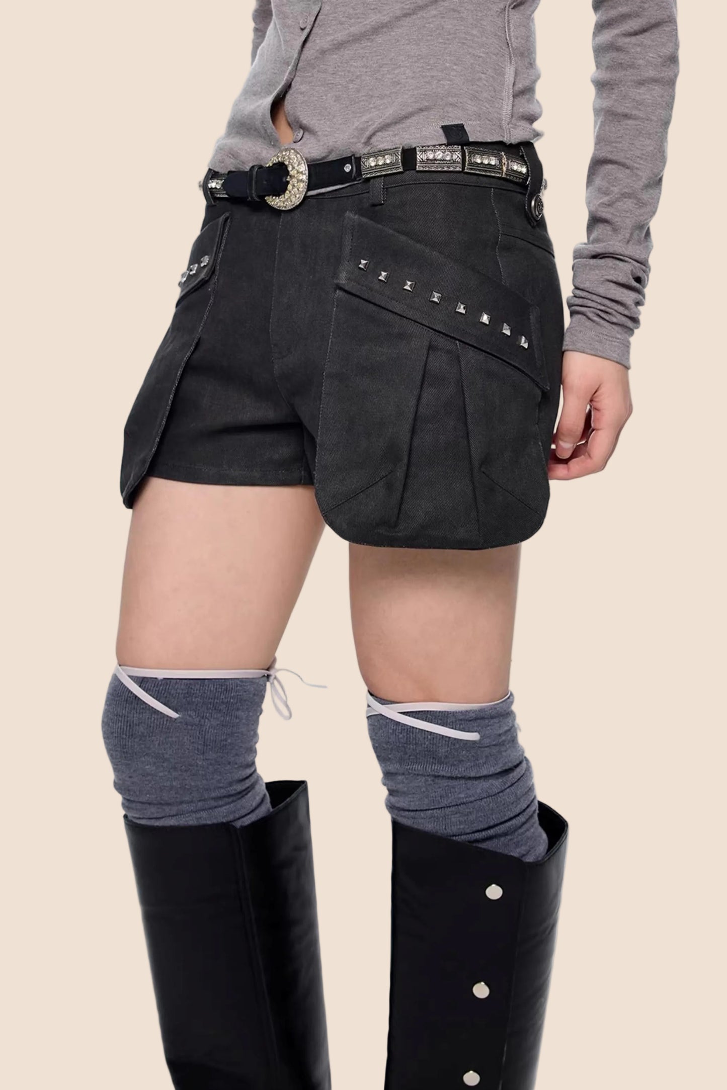 Rivet Pleated A-Line Shorts