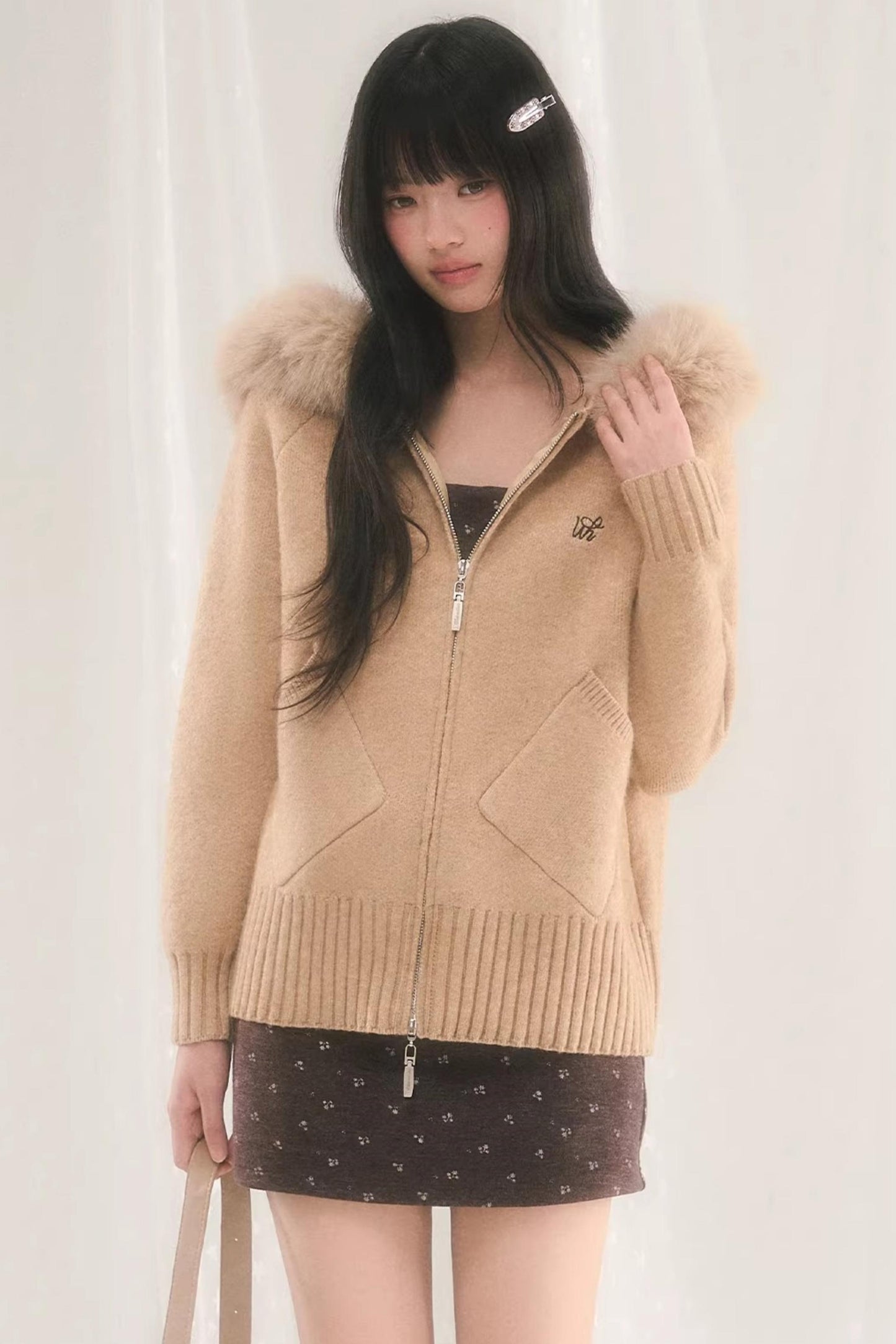 후드 니트 퍼 재킷