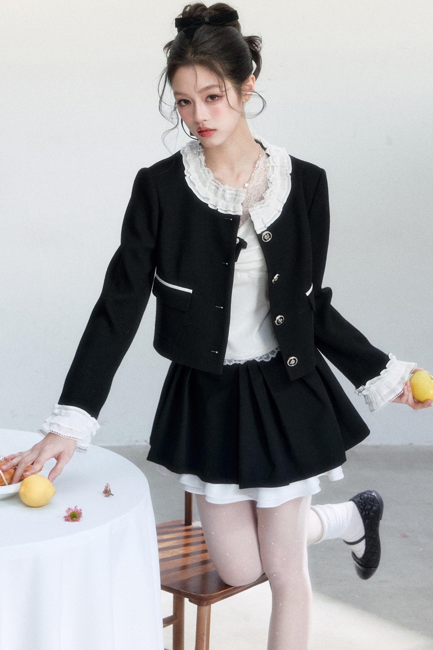 Ink-Colored Lace Jacket and Skirt Set-Up