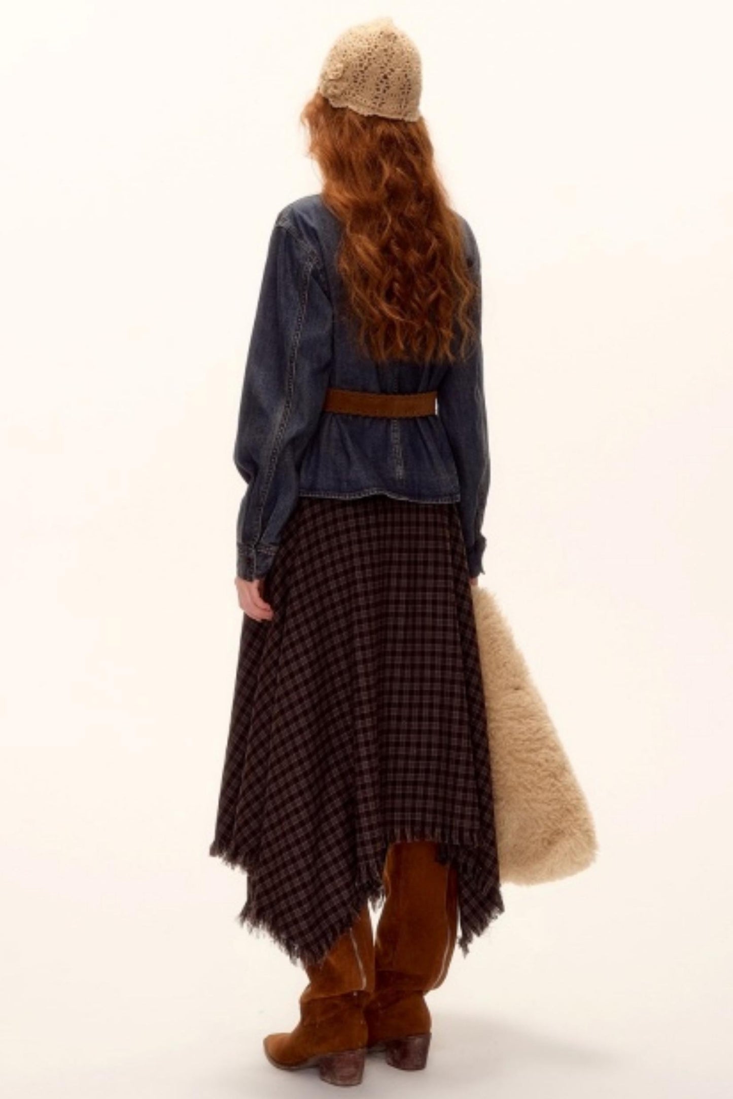 Frayed Hem Plaid Midi Skirt Belt Set