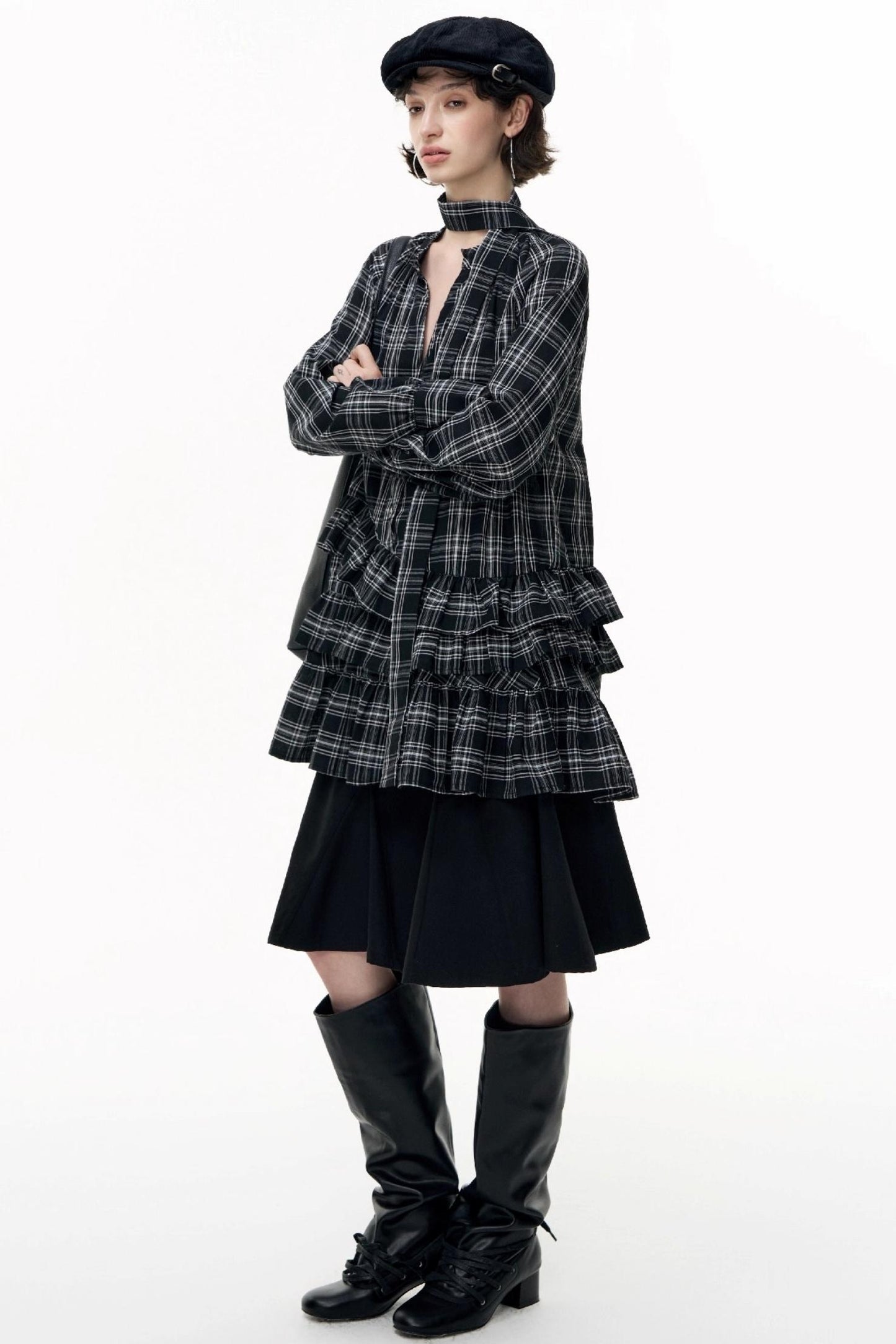 Plaid Ruffle Long Sleeve Shirt Dress