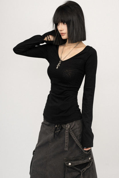Autumn V-Neck Slim Black Top