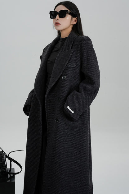 Long Double-Faced Tweed Wool Coat