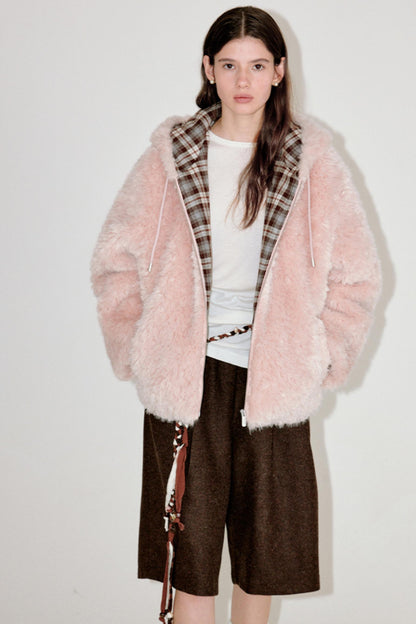 Pink Plaid Patchwork Hooded Coat