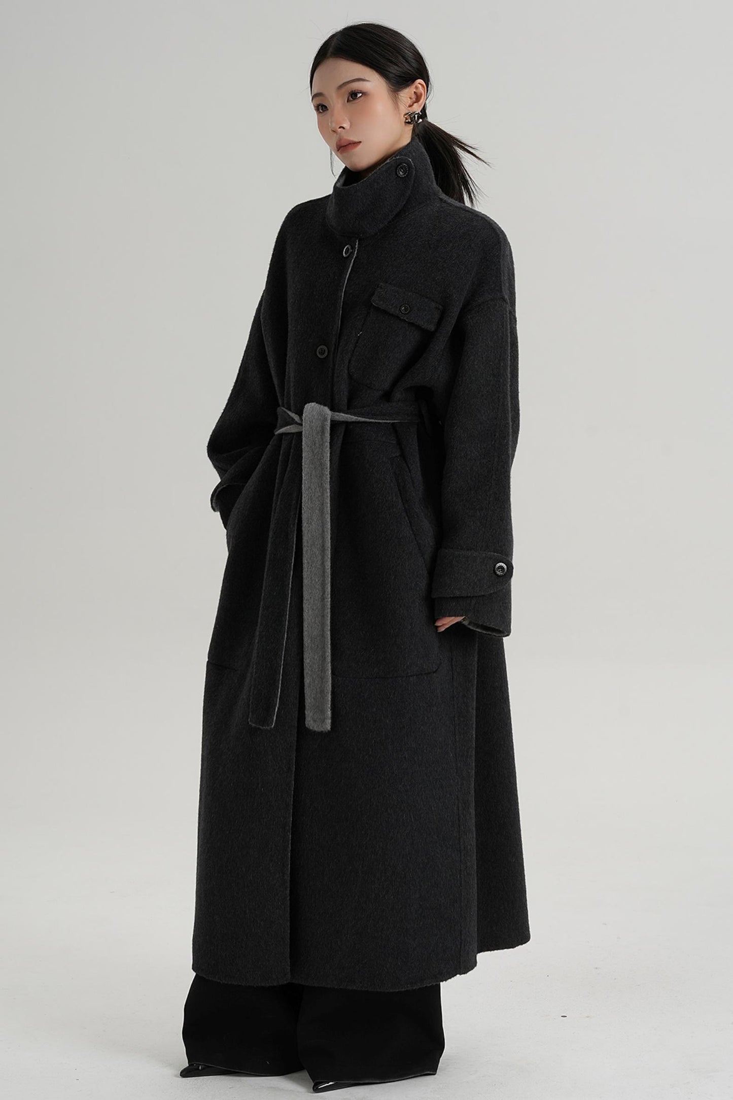 Temperament Design Color-Blocking Woolen Coat