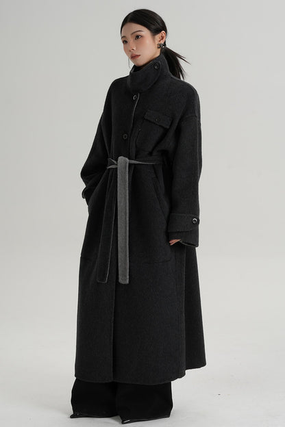 Temperament Design Color-Blocking Woolen Coat