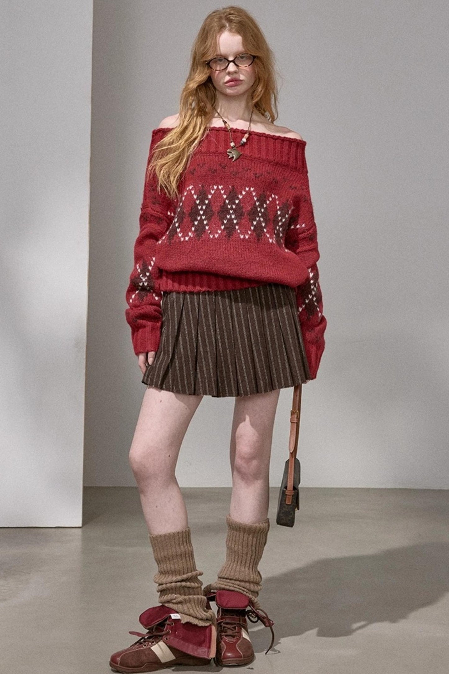 Thick Knit Argyle Off-Shoulder Sweater