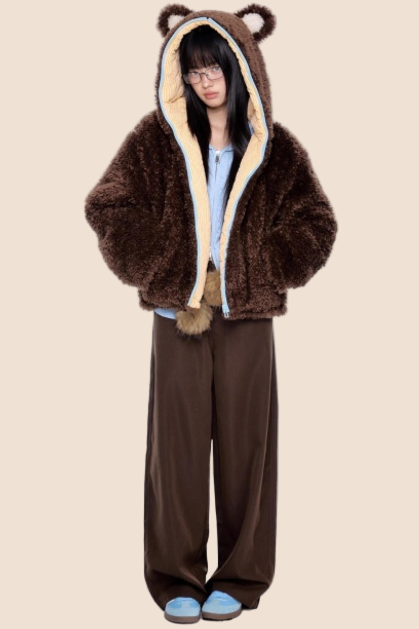 Ear-Flap Striped Faux Shearling Jacket