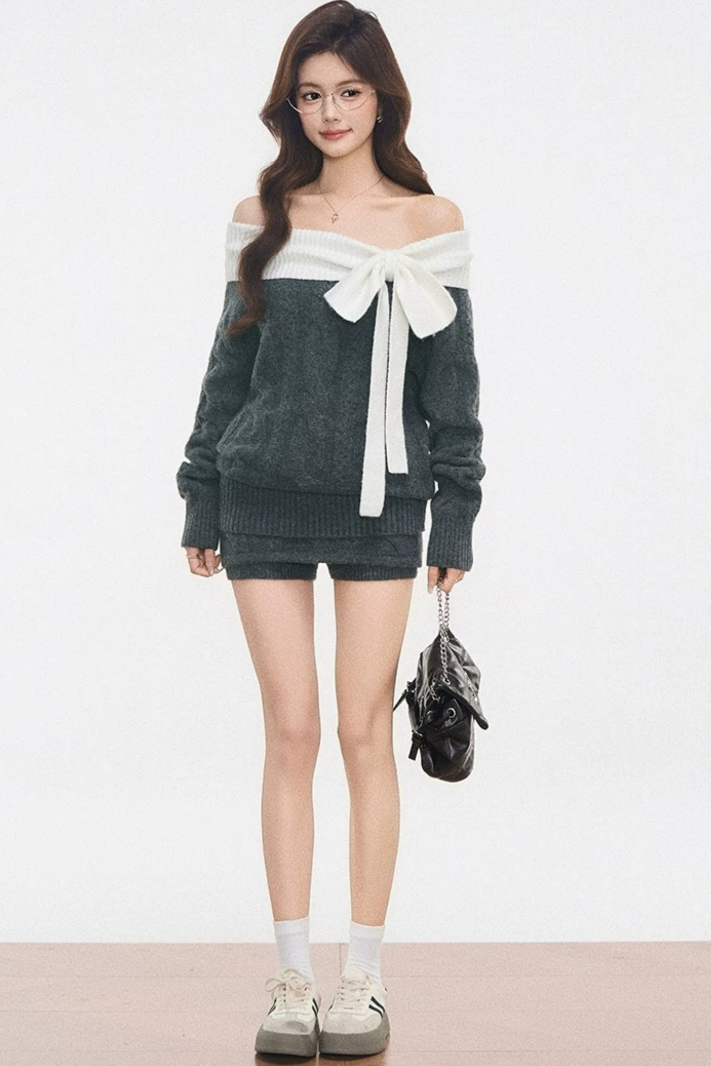 Lace-Up Off-Shoulder Knitted Sweater Set-Up