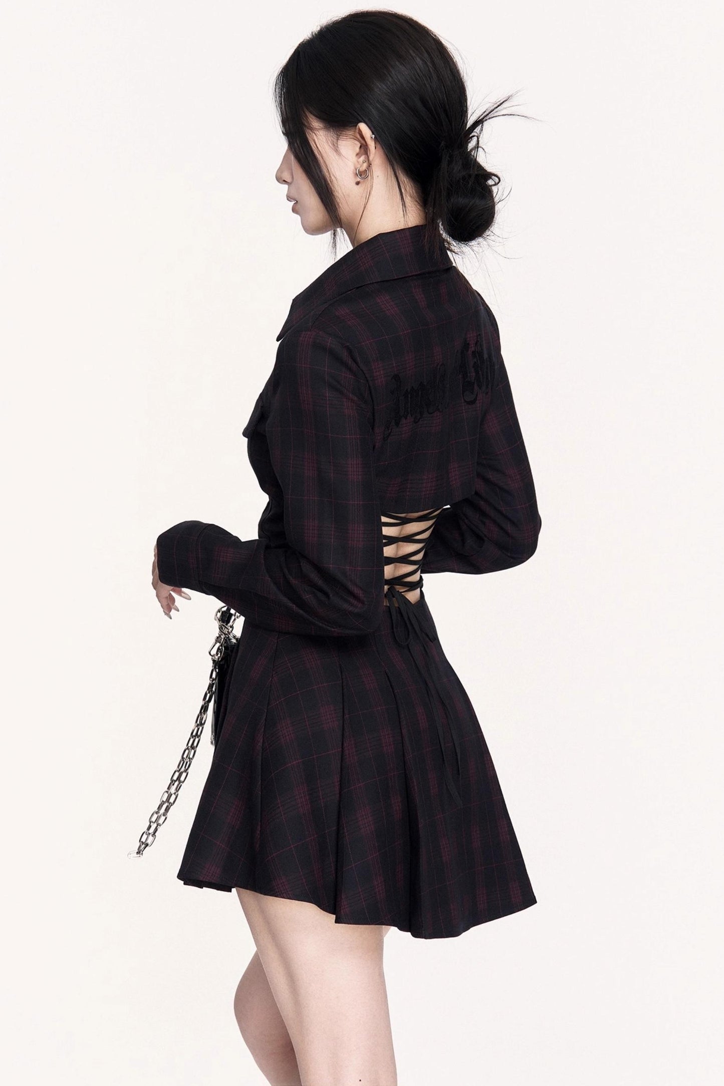 Dark Check Waist Slimming Long Sleeve Dress
