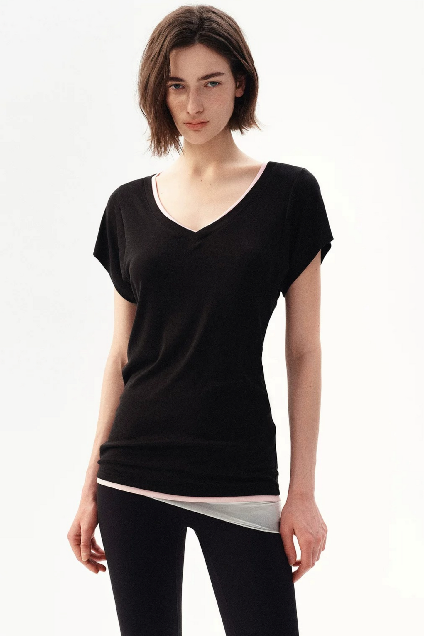 Minimalist Colorblock Deep V-Neck Wool Blend T-Shirt