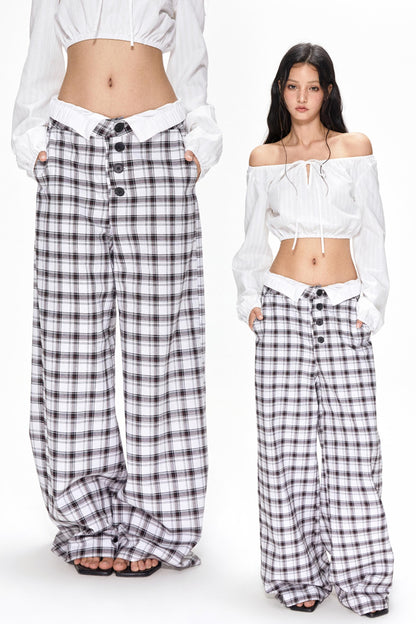 Summer Plaid Wide-Leg Pants