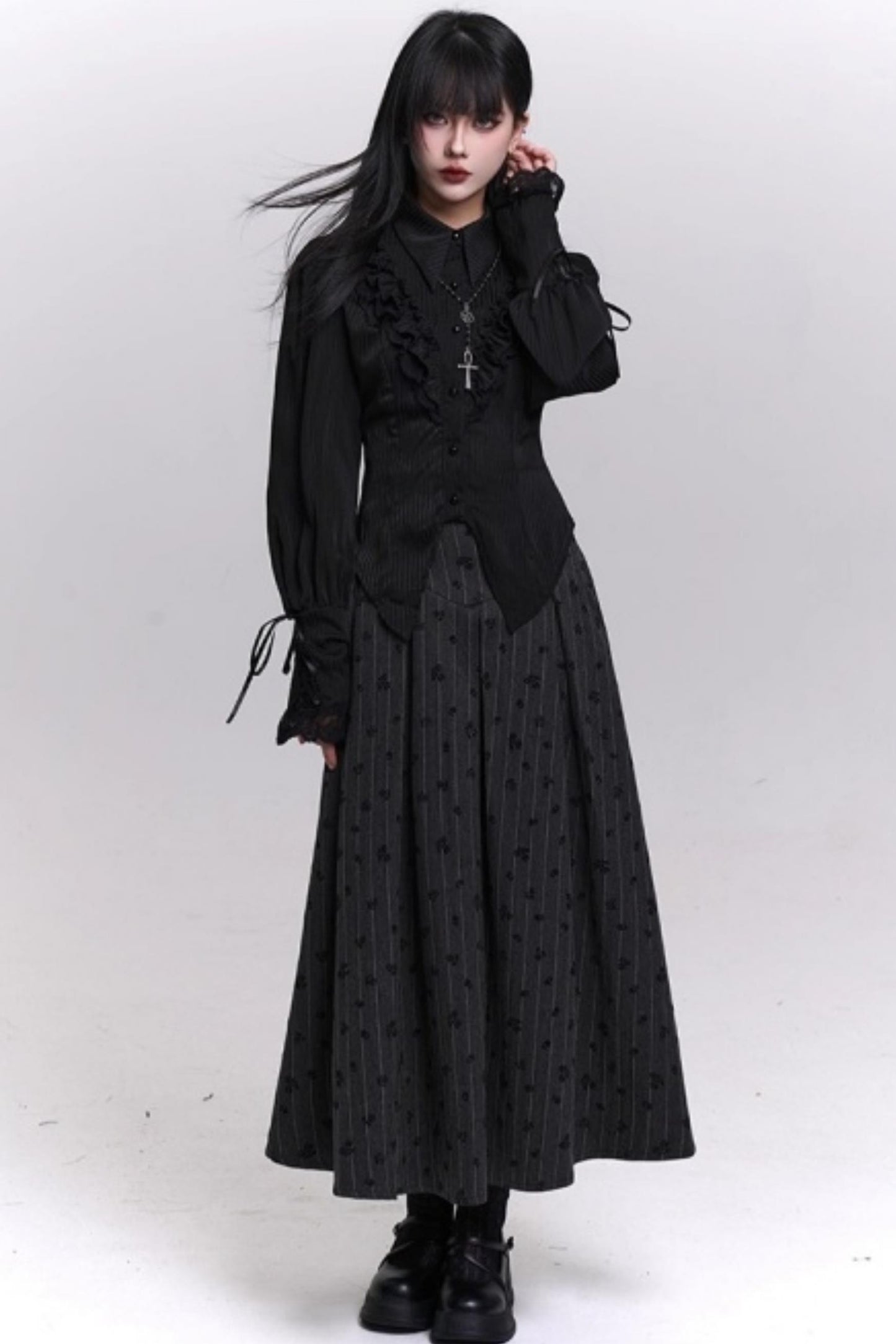 Gray Striped A-Line Skirt