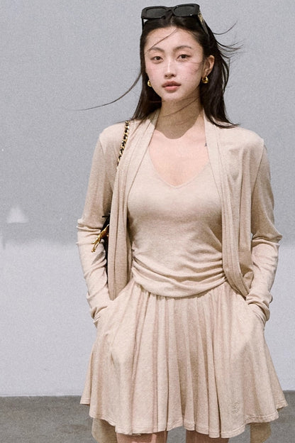 Tencel Knit Cardigan V-Neck Dress Set-Up
