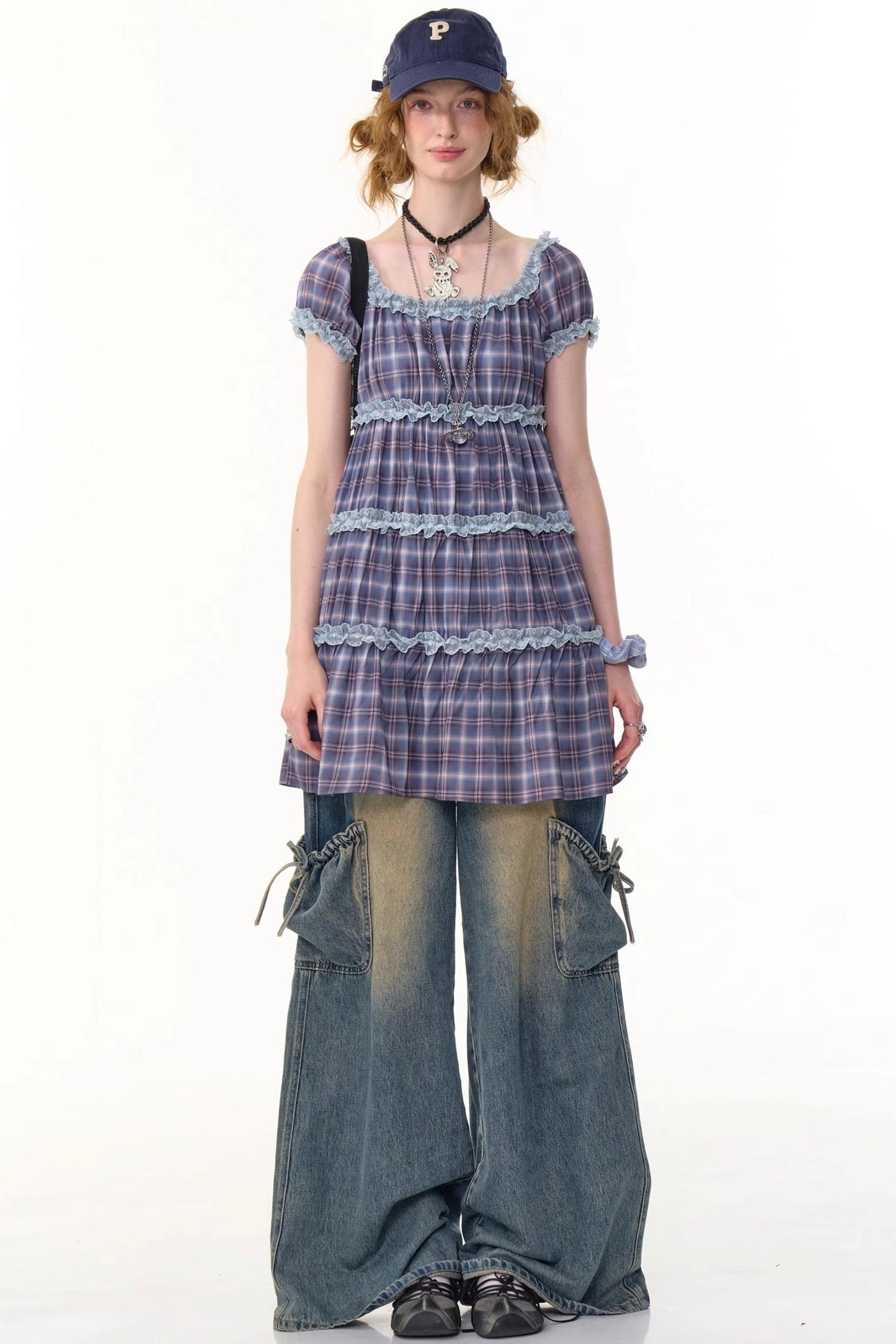 Purple Plaid Puff Sleeve Dress