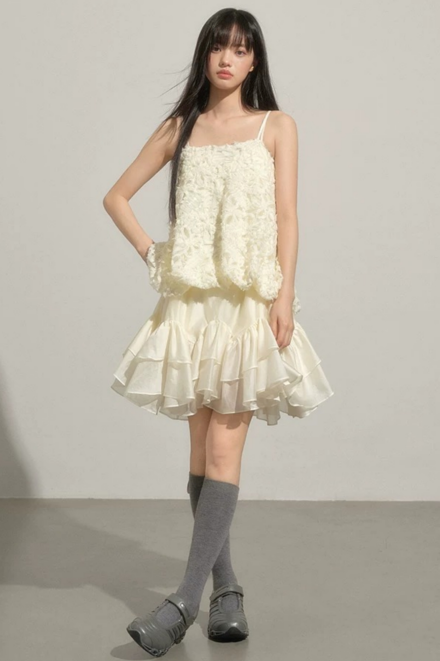 Layered Milk-White Floral Dress Set
