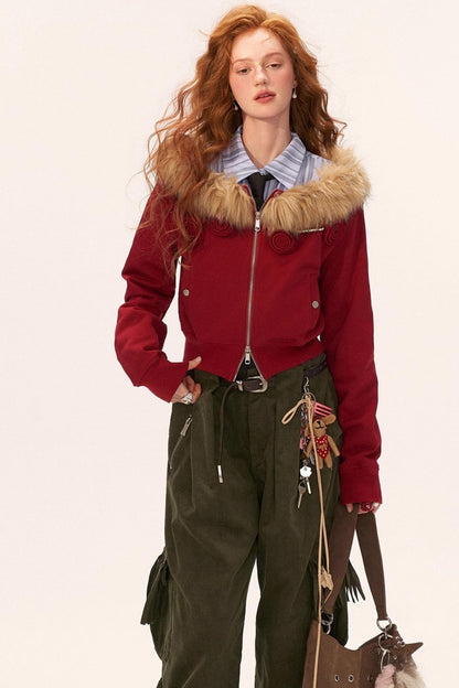 Detachable Fur Collar Double Zipper Jacket