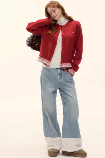 Fleece-Lined Wool Spliced Jeans