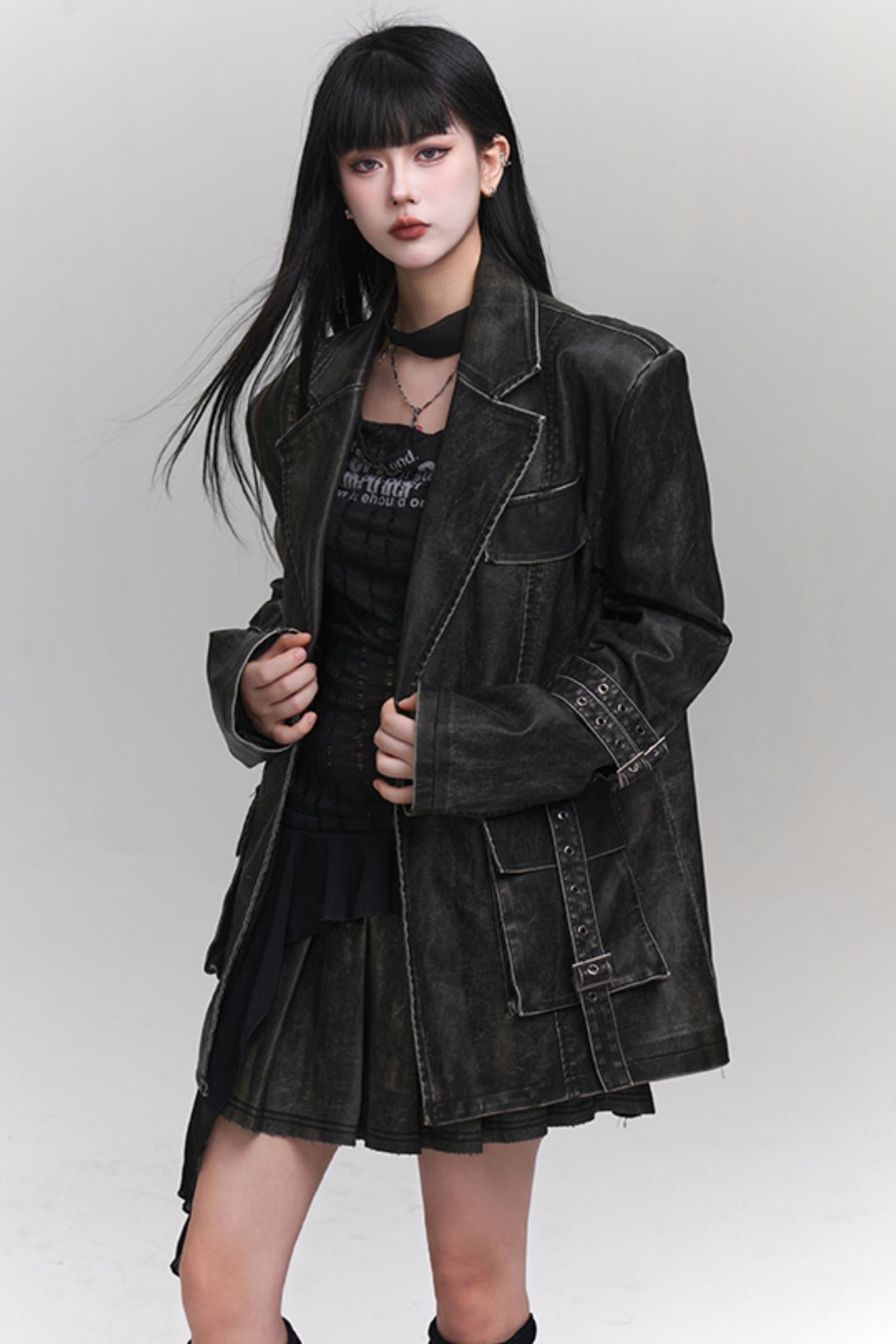 Ghost Girl Autumn and Winter Unique Super Good-looking Old Leather Jacket Women's 2024 New Cool Drag Sister Outfit