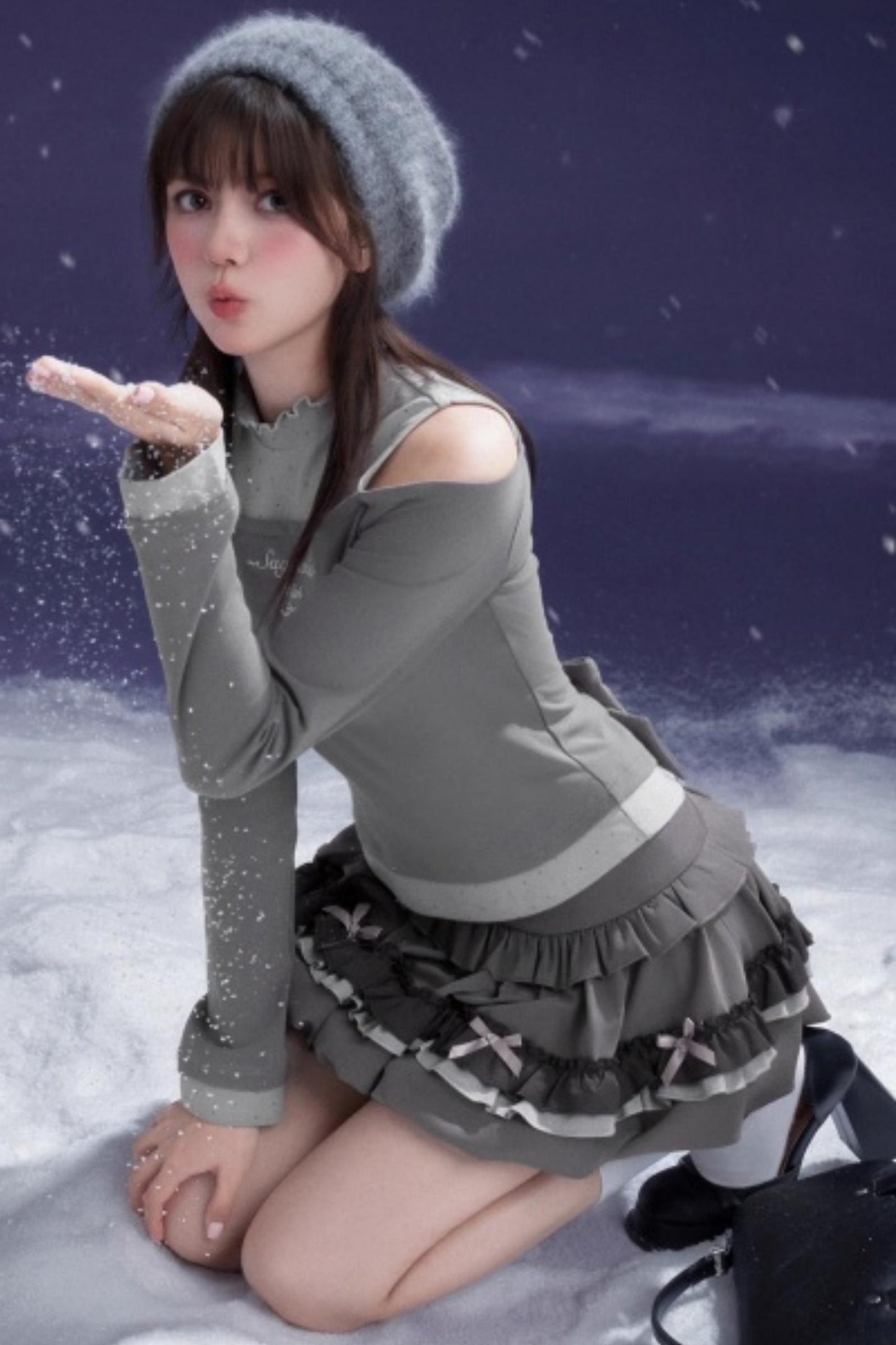 Gray-Purple Bowknot Off-Shoulder Top