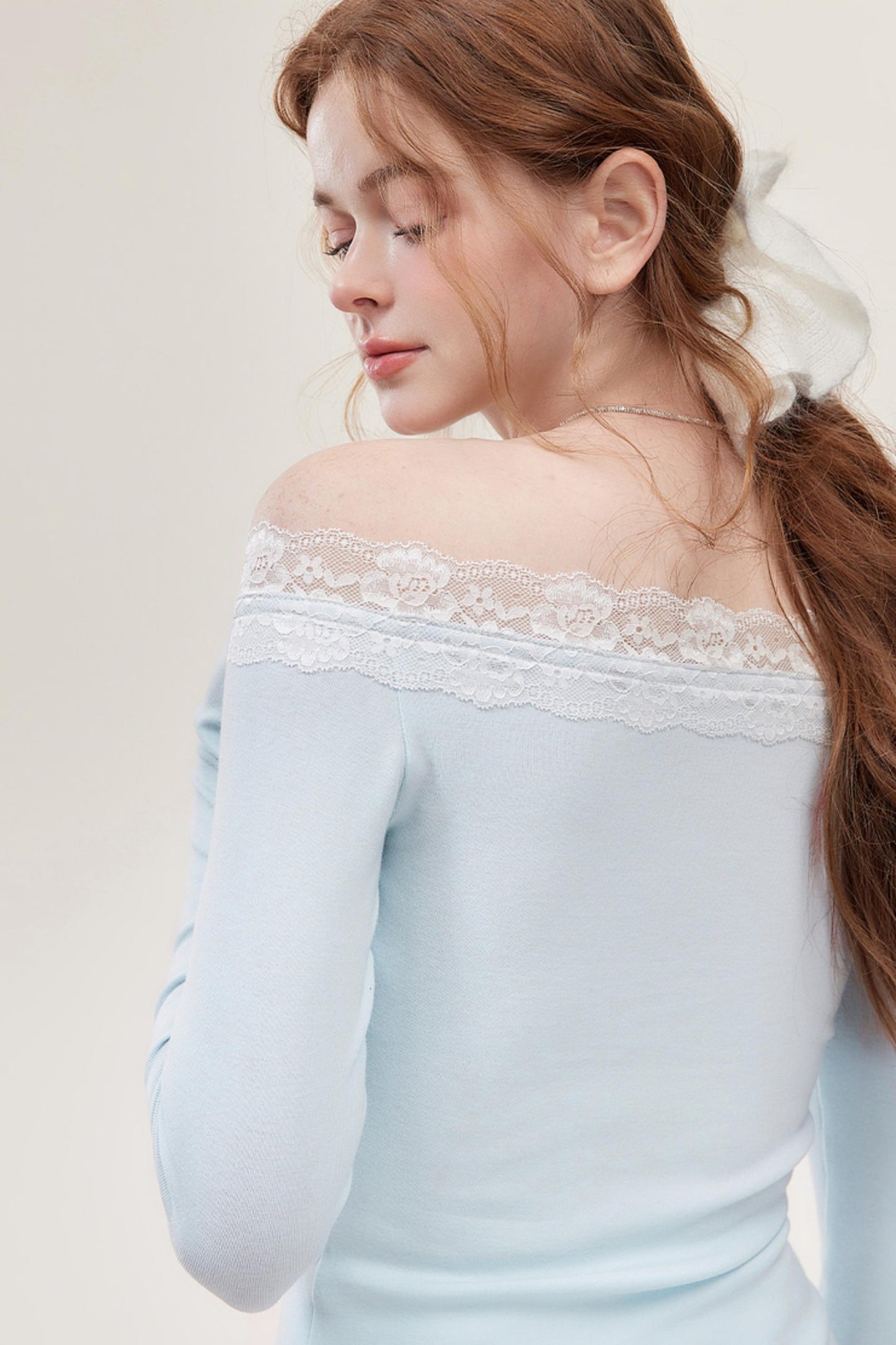 Light  Blue Lace One-Shoulder Top