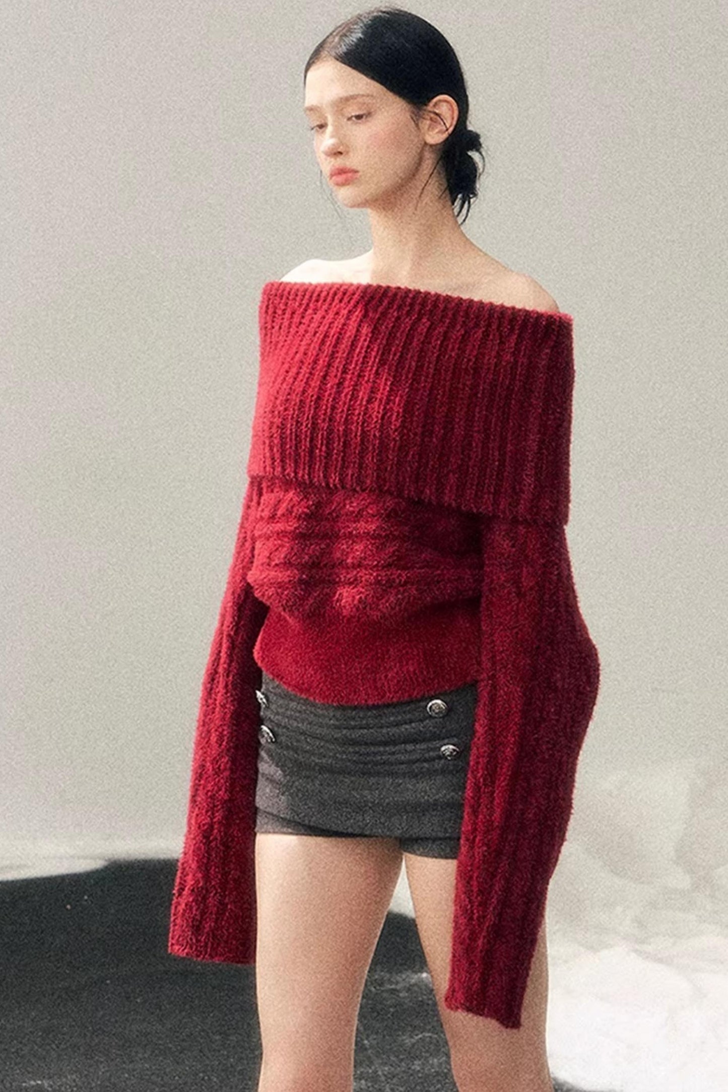 Off-Shoulder Cable Knit Sweater