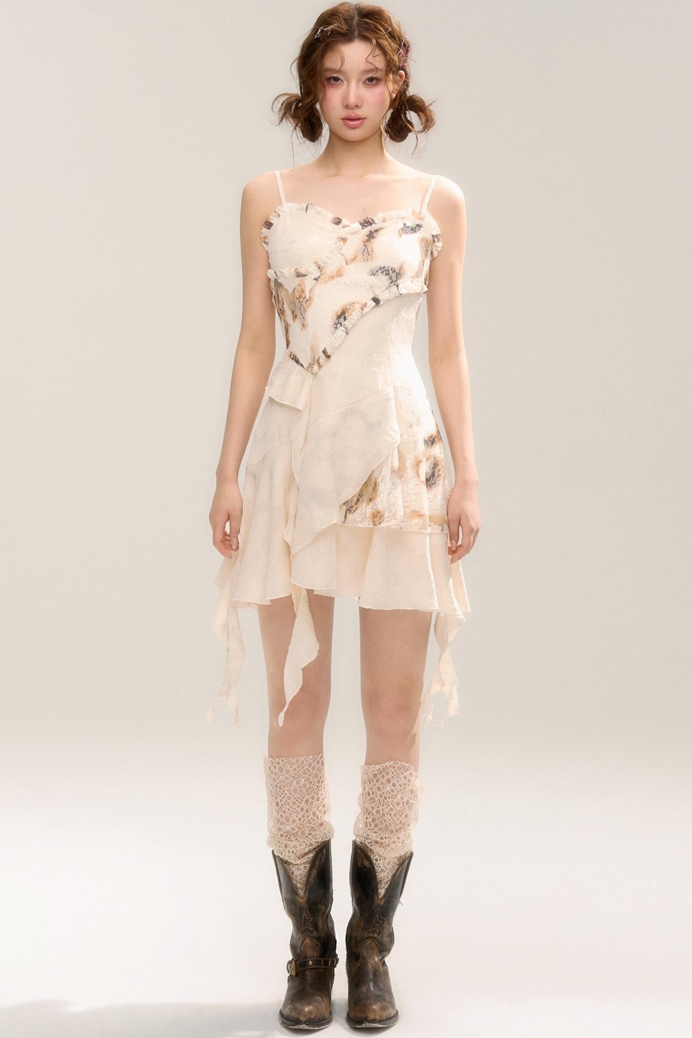 Beige Apricot Irregular Lace Dress