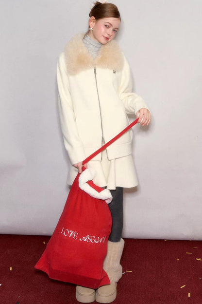 Wool Blend Lapel Fur Collar Coat Set-Up