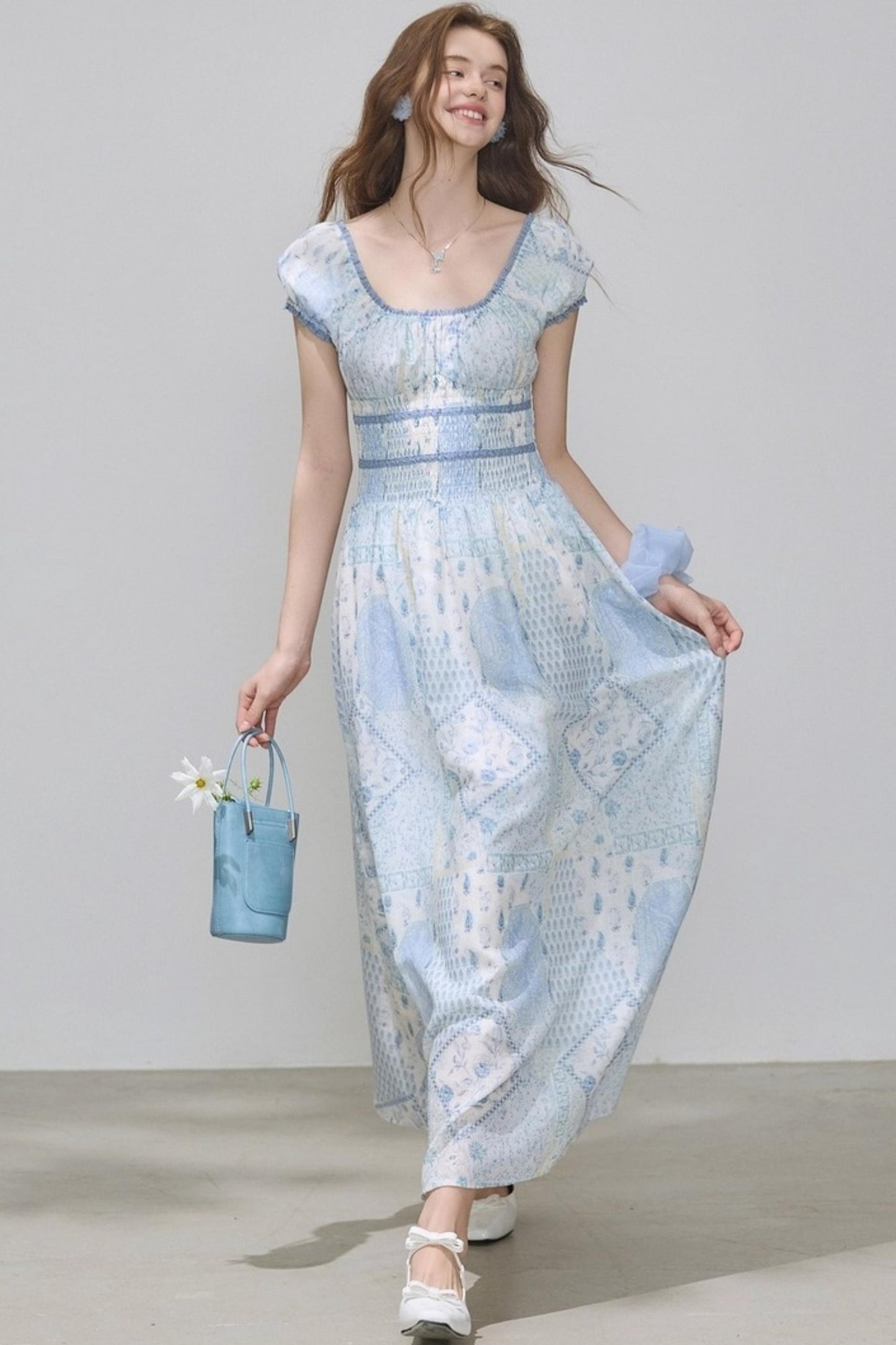 Puff Sleeves Waist Slim Long Dress