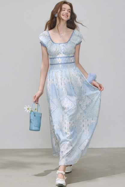 Puff Sleeves Waist Slim Long Dress