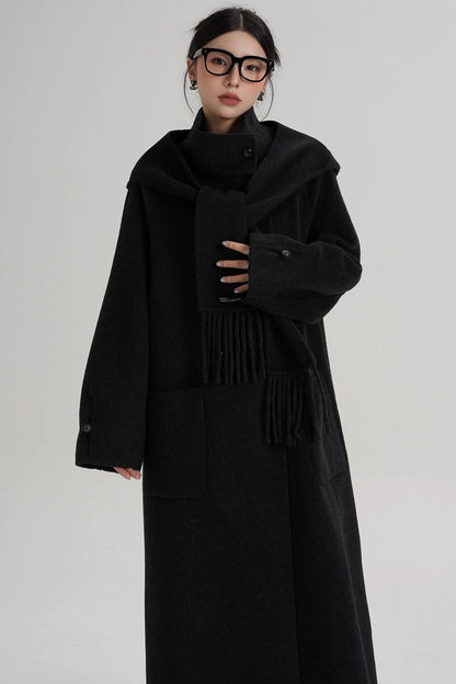 Temperament Hooded Scarf Wool Coat