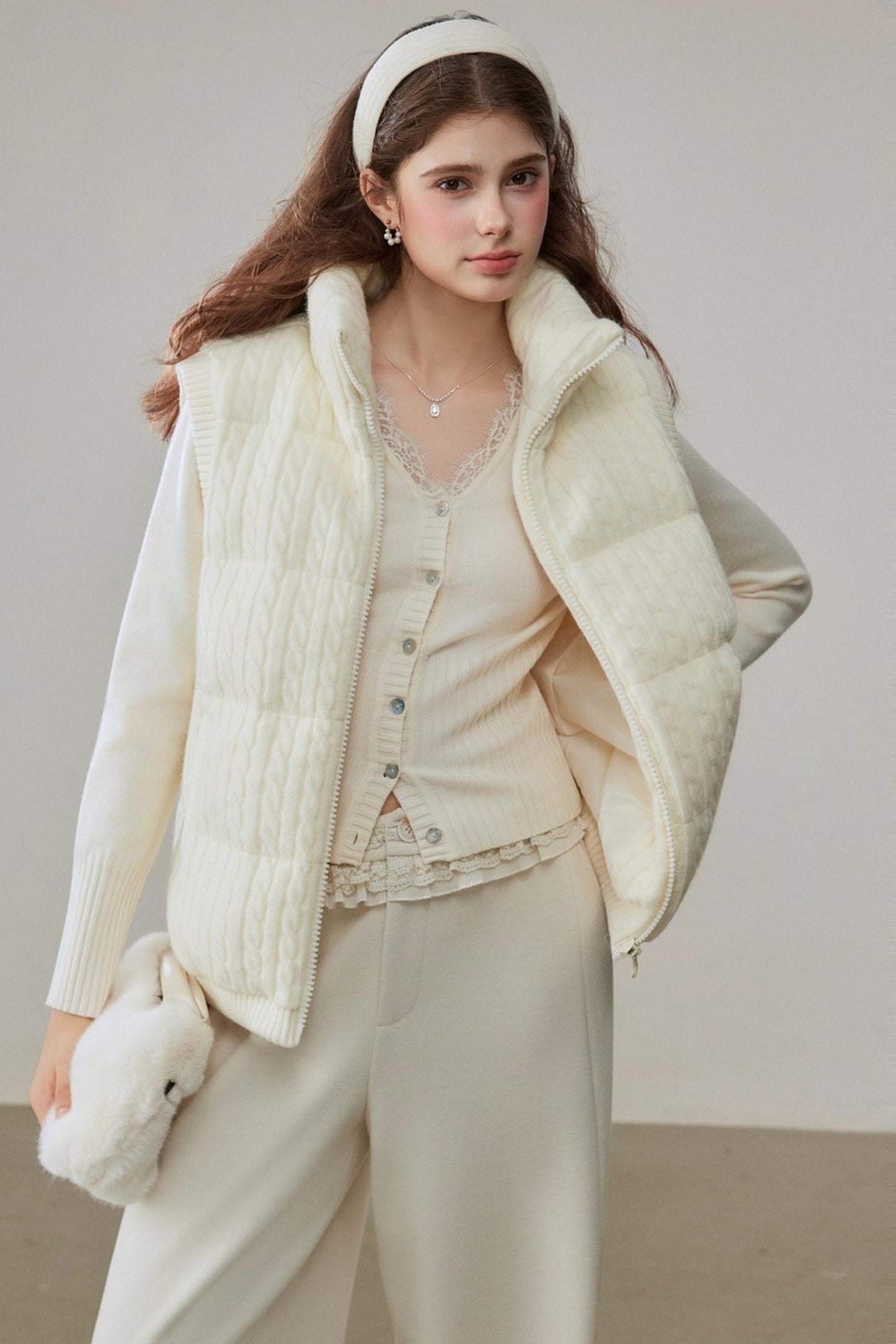 Warm White Stand Collar Vest Jacket