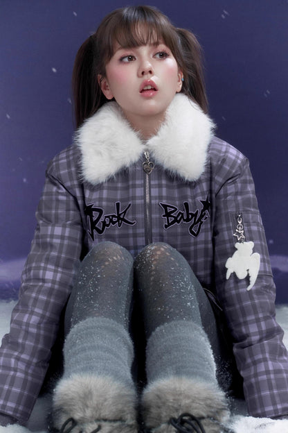 Purple Plaid Fur Collar Jacket