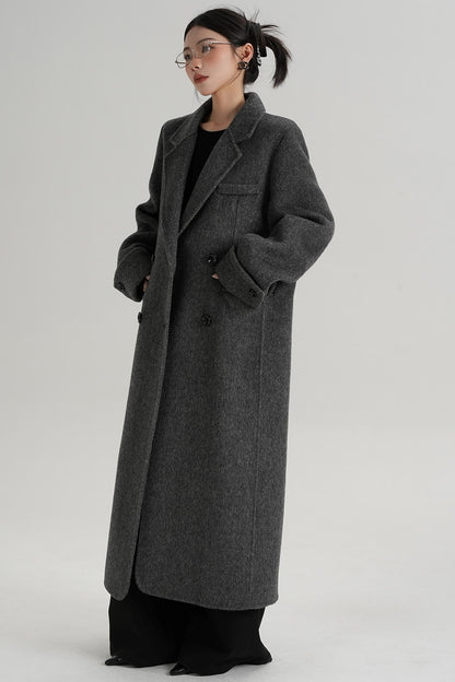 Turn-Sleeve Suit Collar Long Wool Coat