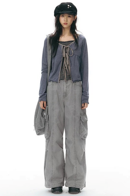 Lace-Up Ruffle Knit Cardigan