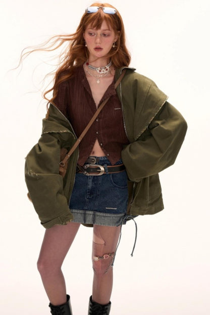 Vintage Distressed Frayed Cargo Jacket