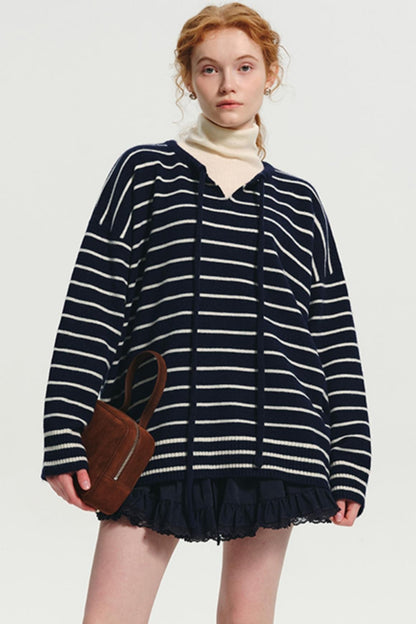 Wool Stripe Drawstring Knit Sweater