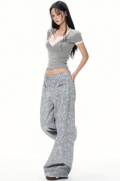 Gray Floral Wide-Leg Pants