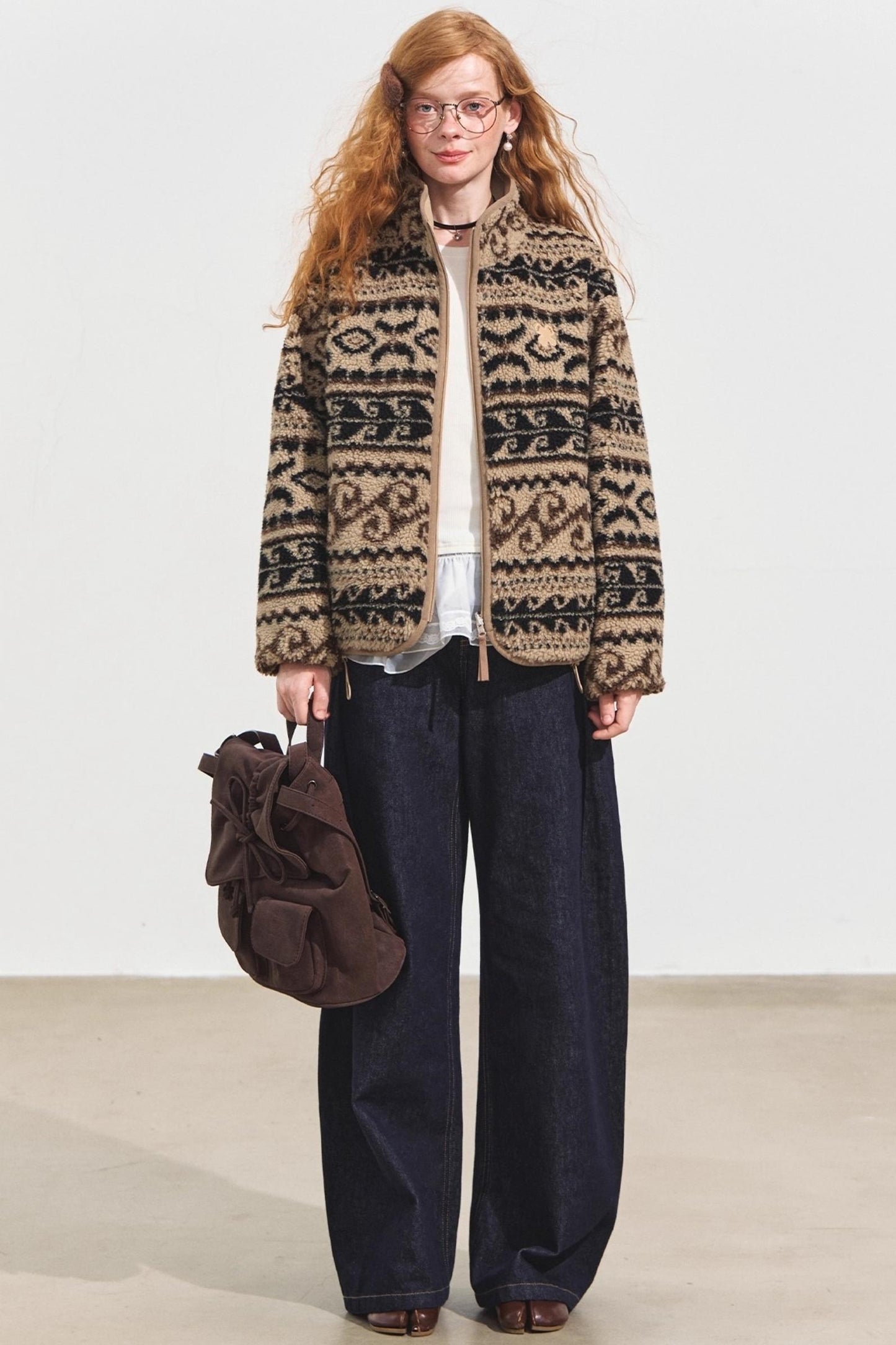 Fleece Jacquard Stand-Up Collar Coat