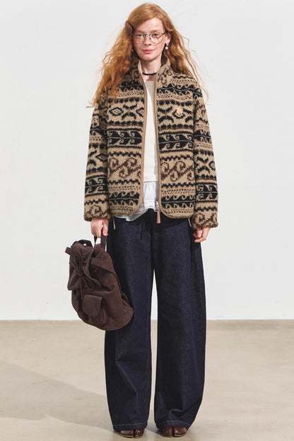 Fleece Jacquard Stand-Up Collar Coat