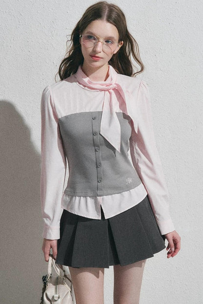 Bow Tie Spliced Shirt and Pleated Mini Skirt Set-Up