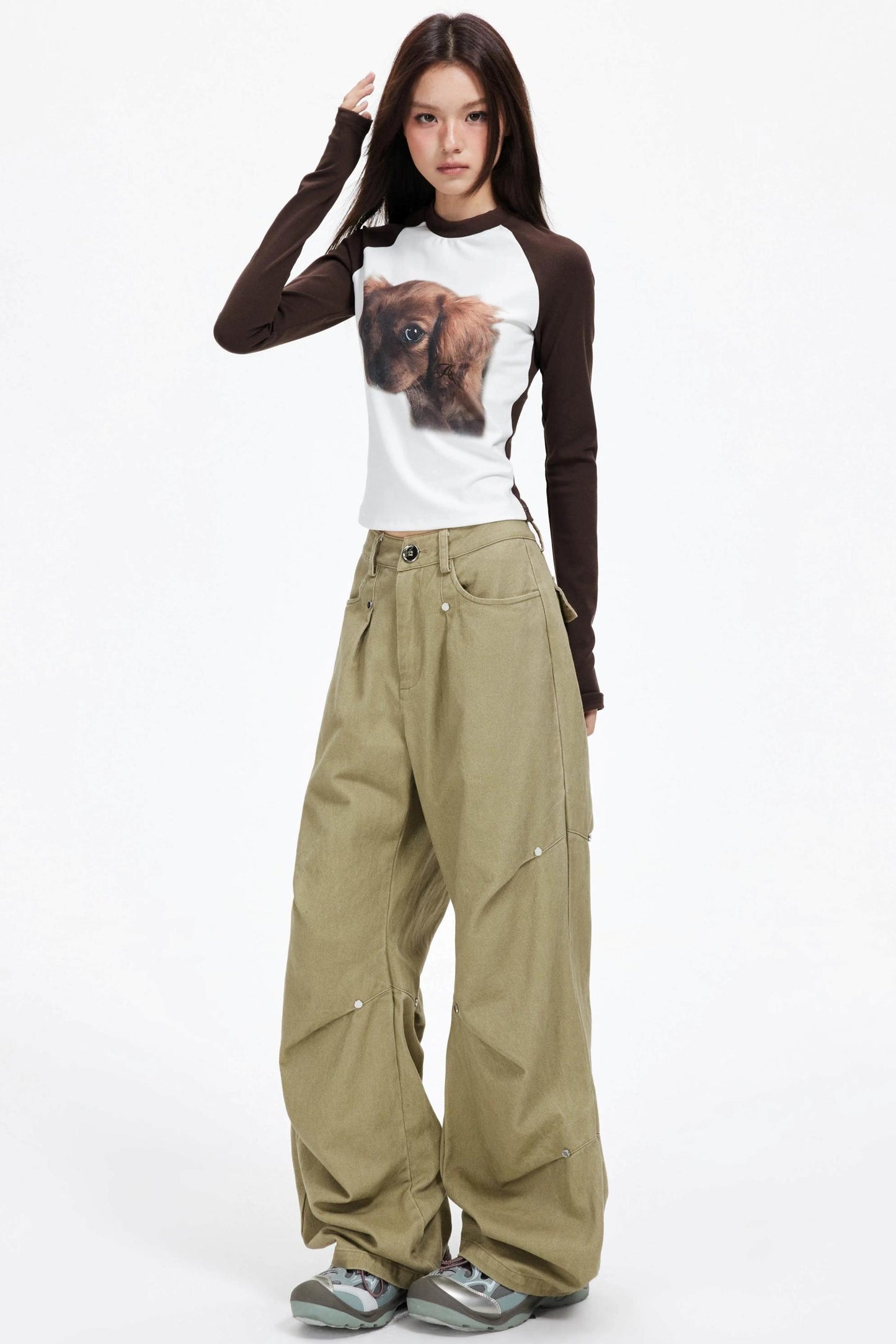 Puppy Print Raglan Slimming Knit Top