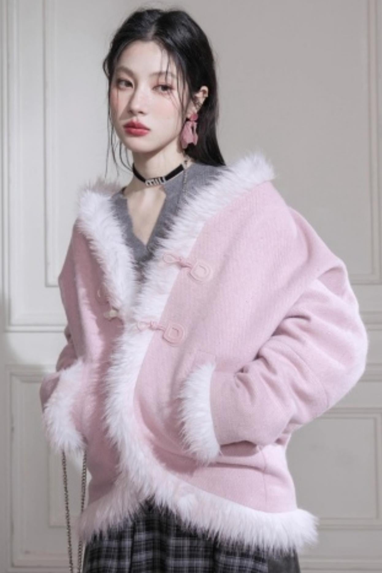 Snow Cherry Fleece Collar Wool Coat