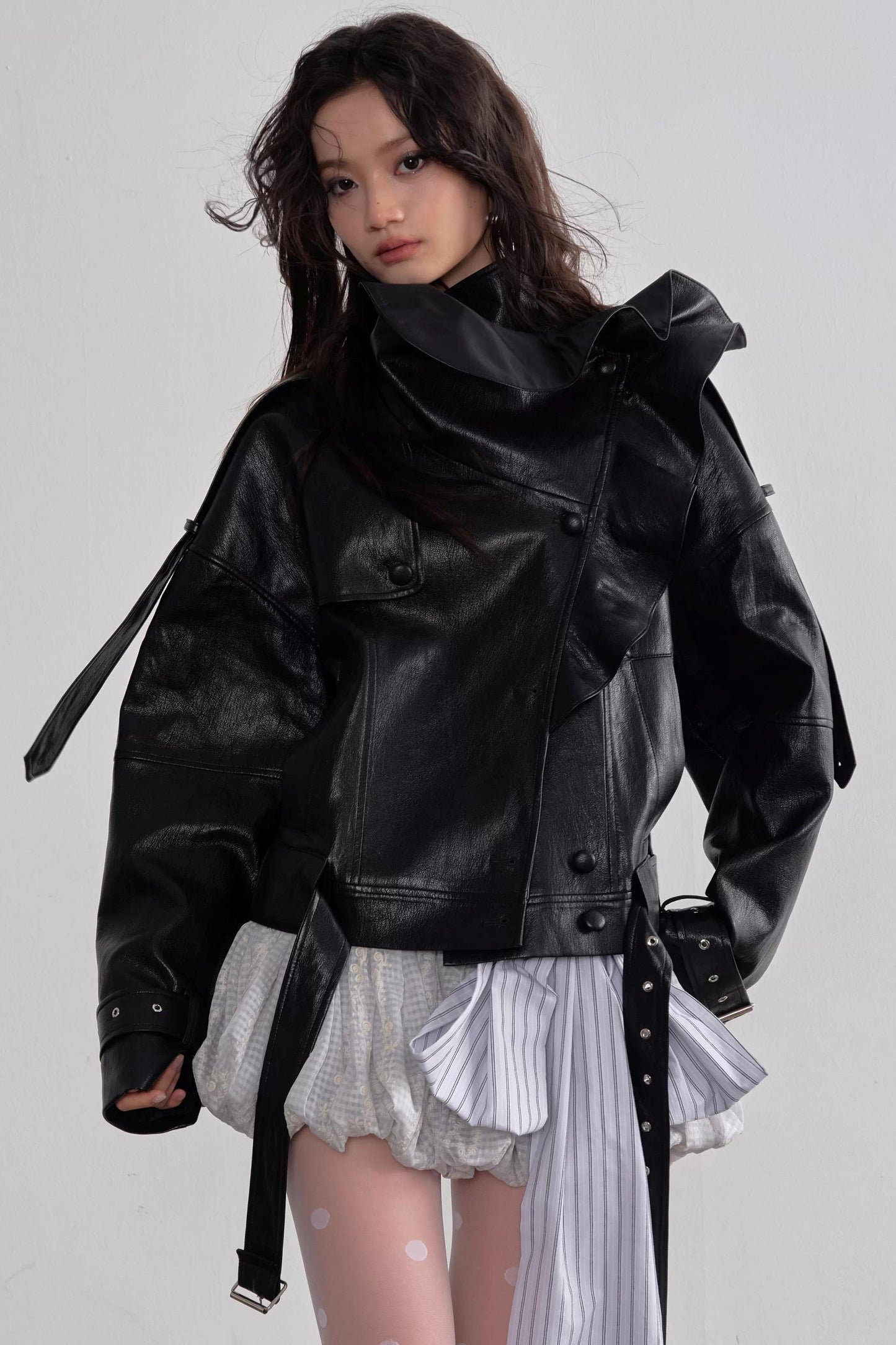 Three-Dimensional Ruffled Faux Leather Jacket