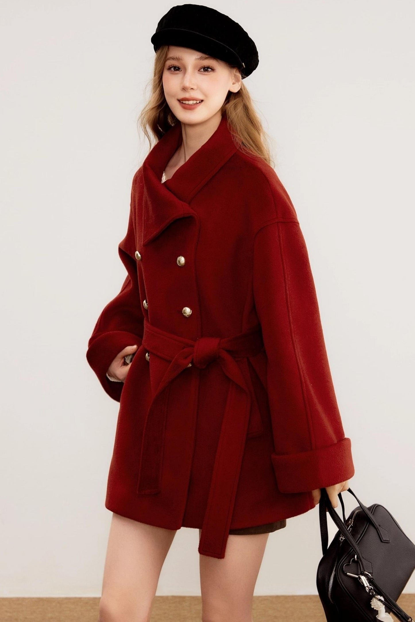 Red Woolen Waist-Cinching Coat