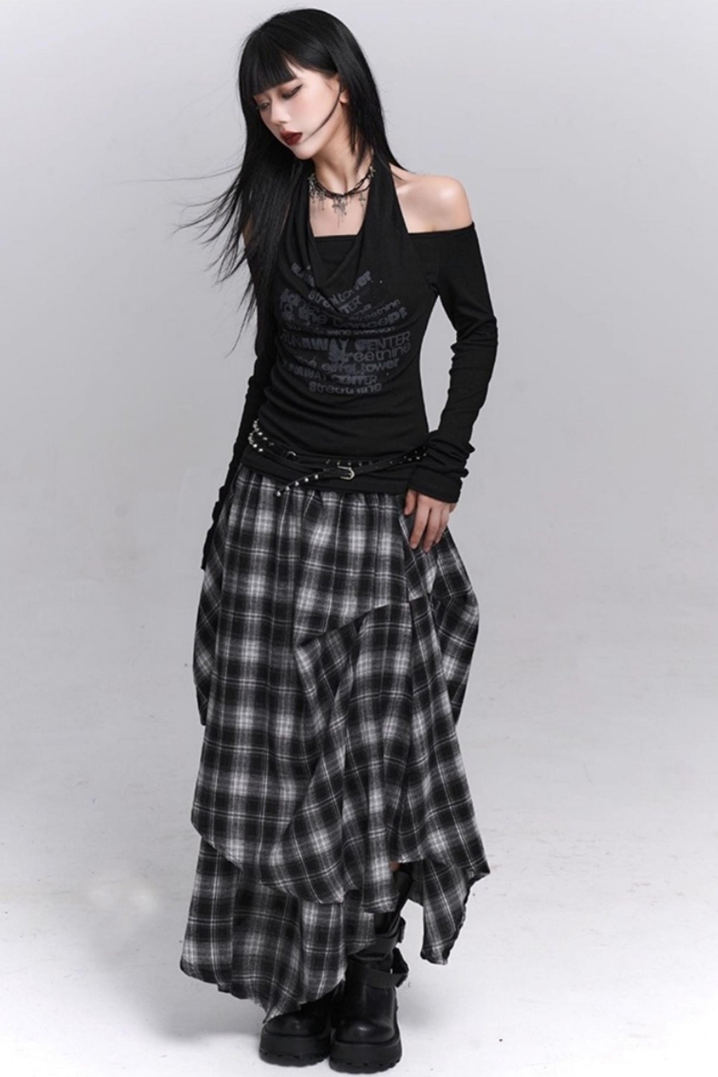 Gray Black Plaid Pleated Skirt