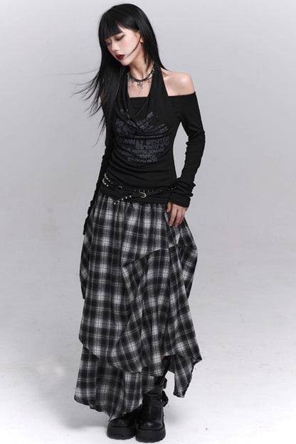 Gray Black Plaid Pleated Skirt