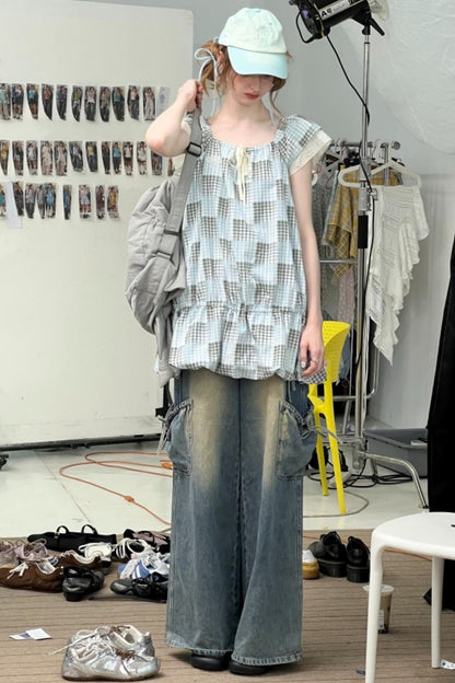 Vintage Checkered Square Neck Dress