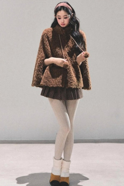 Korean-Style Lamb Wool Cape Coat