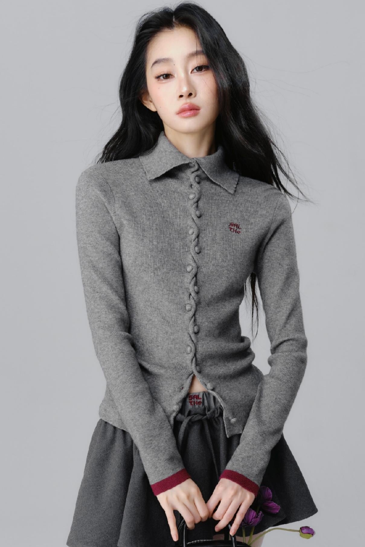 Gray Polo Neck Knitted Top